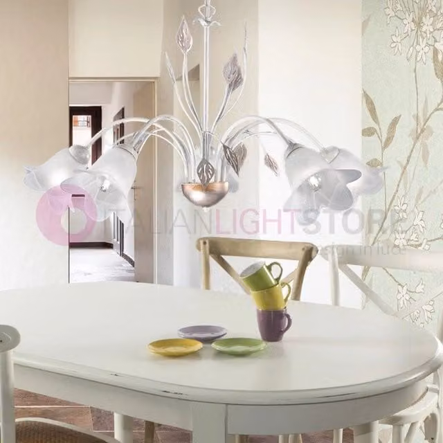 Lampadario a sospensione in metallo e vetro con 5 luci, stile classico, disponibile in bianco, oro/ottone o argento