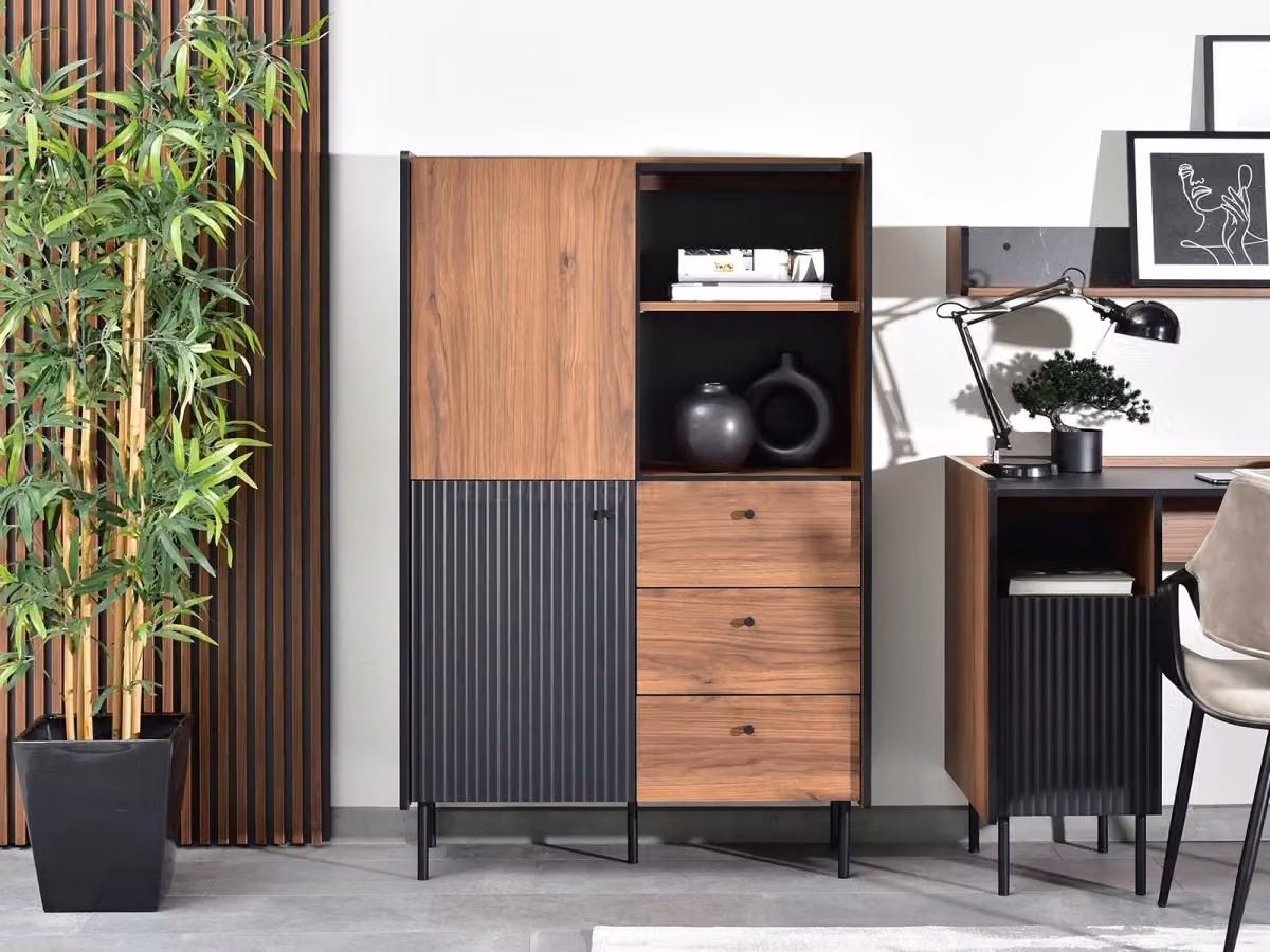 Cassettiera combinata NORLAN con ripiano aperto - noce / nero