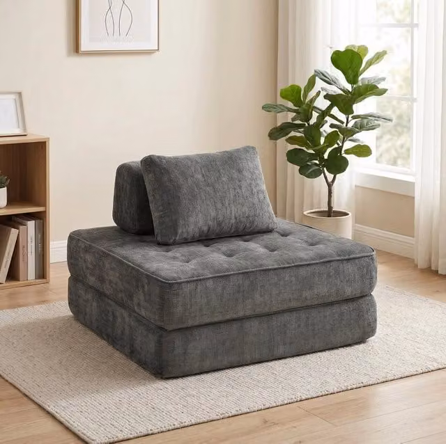 Poltrona letto pieghevole 2 in 1 in ciniglia grigia con cuscino di supporto