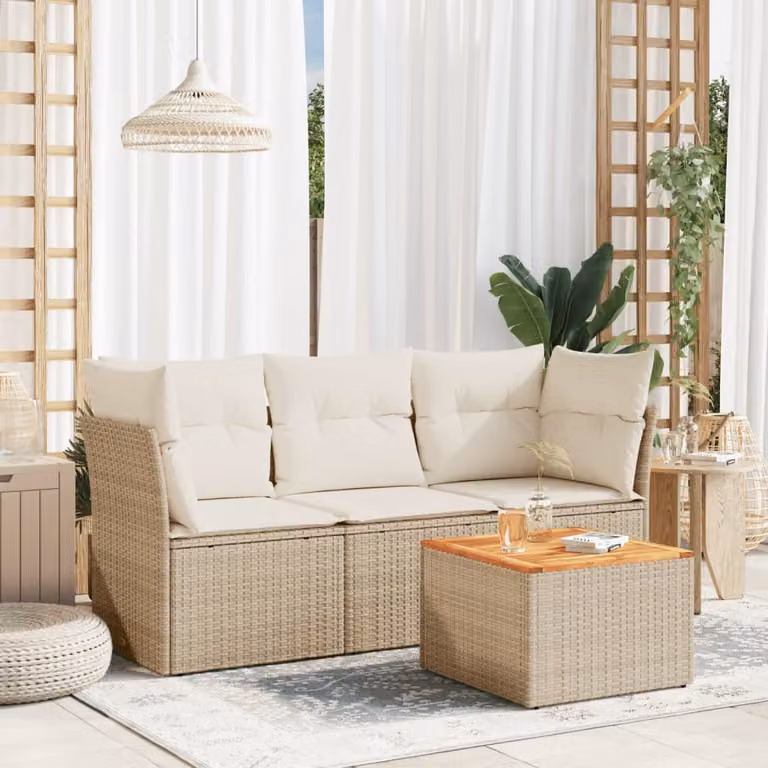 vidaXL Set Divano da Giardino a L in Polyrattan Beige con Cuscini e Tavolino da Esterno