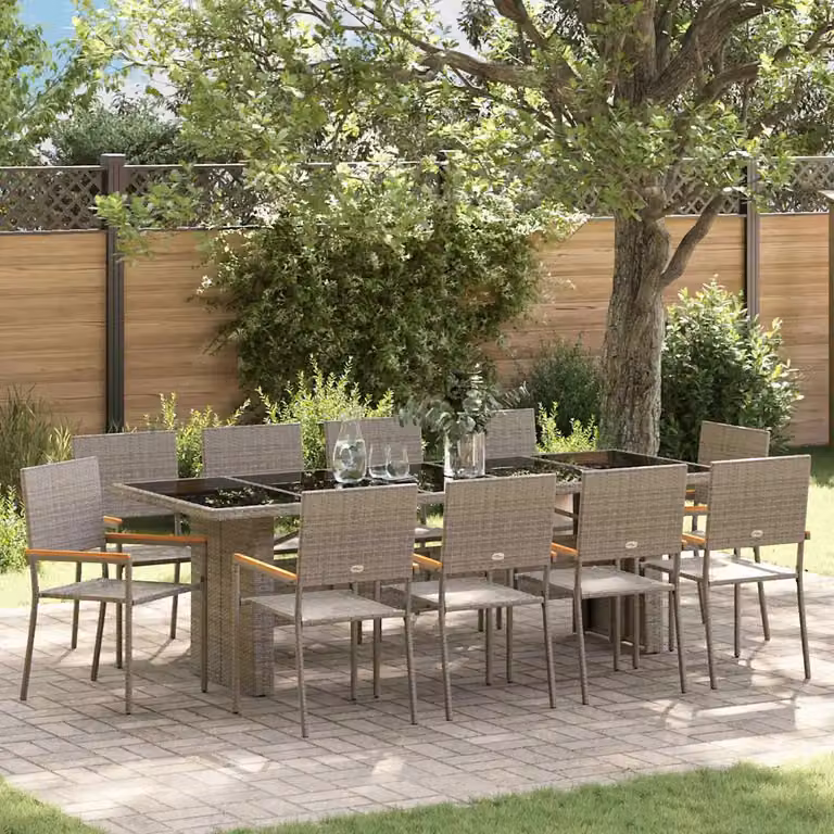 Set da pranzo per giardino e terrazza vidaXL in polyrattan e legno di acacia, 11 pezzi, grigio e marrone