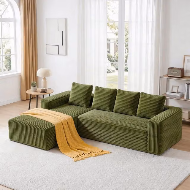 Divano Sezionale a L Moderno - Zephmum- Verde Tessuto Peluche
