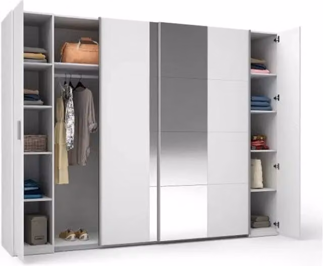 Armadio Meublorama a 4 ante con ripiani e appendiabiti, Bianco opaco, L: 264 cm, H: 208 cm, P: 55 cm