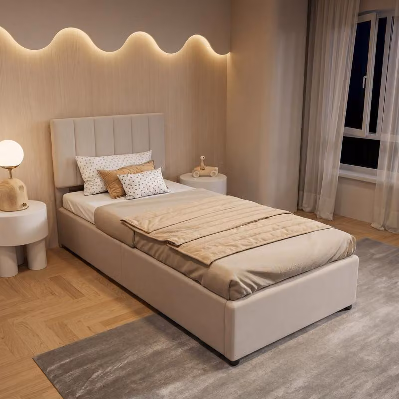 Letto per bambini ProximaX 90x200 cm con vano contenitore idraulico, tessuto in lino beige, testiera regolabile in altezza, letto con vano contenitore
