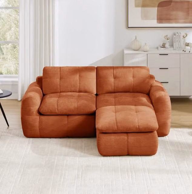 Divano modulare in chenille arancione; 194x160x68 cm; senza montaggio