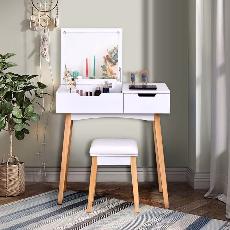 COSTWAY 2 in 1 tavolo da toilette e scrivania con sgabello Tavolo da toilette con specchio pieghevole e cassetto, tavolo cosmetico per camera da letto e soggiorno, bianco