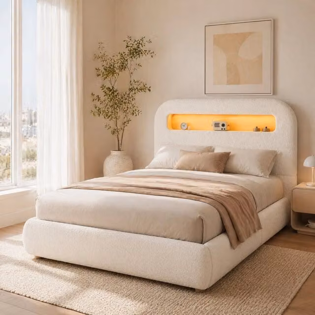 Letto singolo ULEVR 90x200 cm con contenitore idraulico, LED controllabile via app e rivestimento boucl¨¦ bianco