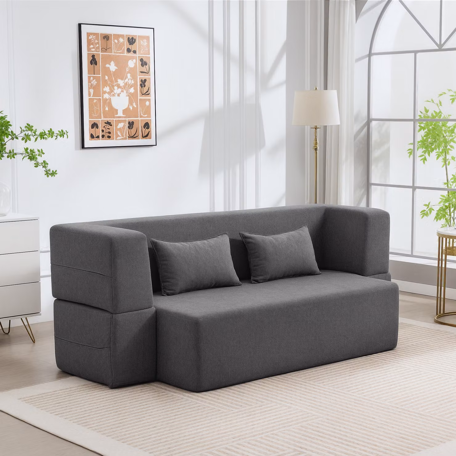 Divano letto HOMCOM a 2 posti in tessuto con braccioli larghi e 2 cuscini, colore grigio – 2