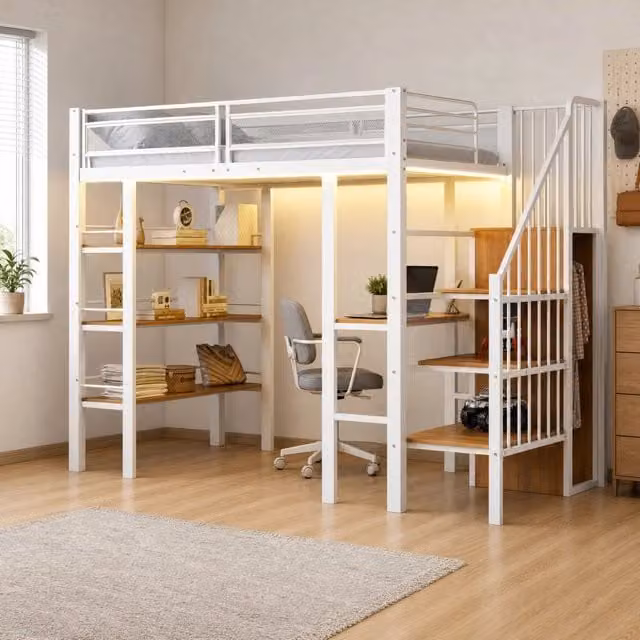Letto a soppalco 90x200 cm con scrivania; LED e presa in metallo bianco