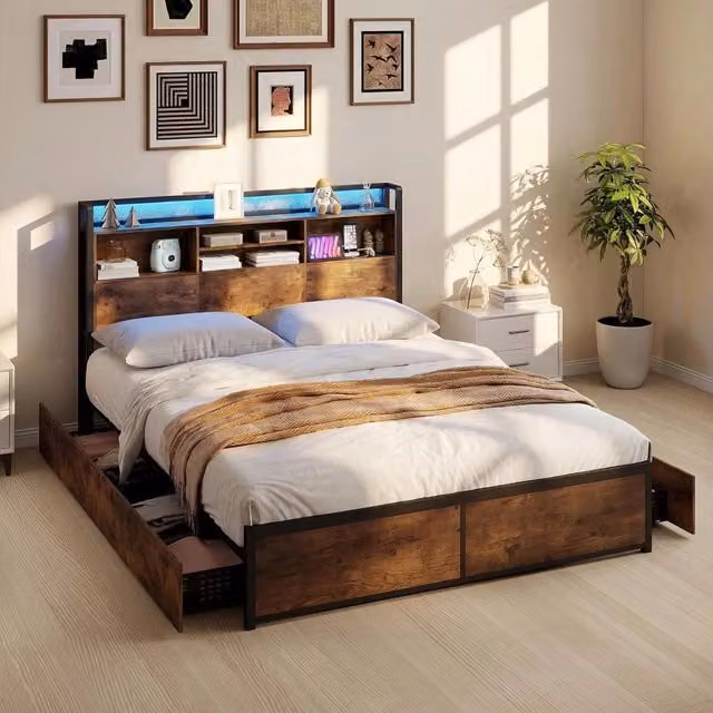 Letto a piattaforma con testiera e 4 cassetti Costway in stile industriale, colore marrone, con porte di ricarica USB e ripiani laterali, L/P/H: 160 x 200 cm – 1