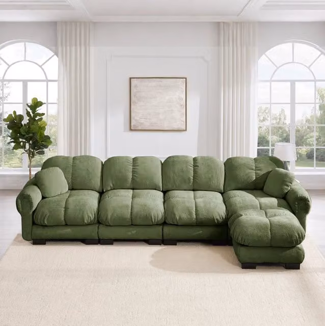 Divano angolare modulare 330x149x90 cm in ciniglia con pouf mobile; verde