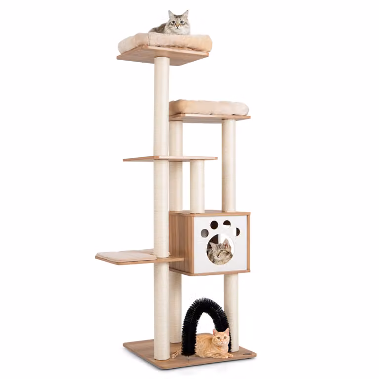 COSTWAY Tiragraffi a 6 livelli 176 cm, albero per gatti con tappetini e grotta, legno, arredamento per gatti, albero per arrampicata, albero per attività, albero per giocare