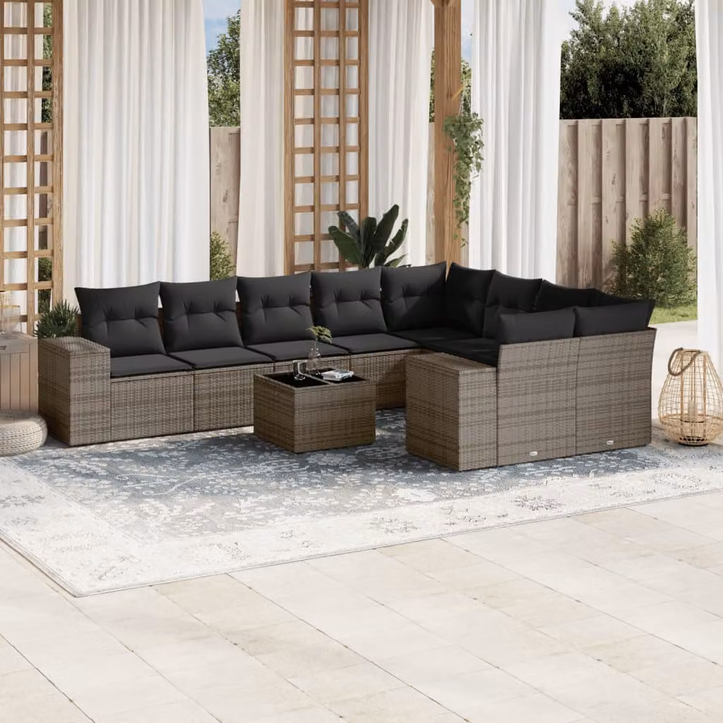 vidaXL Set Divano da Giardino a L 10 pz in Polyrattan Grigio con Cuscini e Tavolino da Caffè – 1