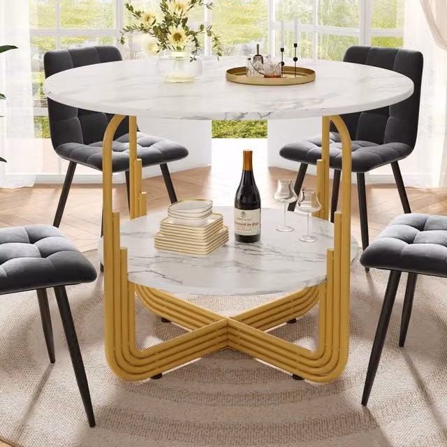 Tavolo da Pranzo Rotondo Minimal con Piano in MDF Effetto Marmo Bianco e Oro per 4 Persone L: 80 cm, P: 80 cm, H: 76 cm