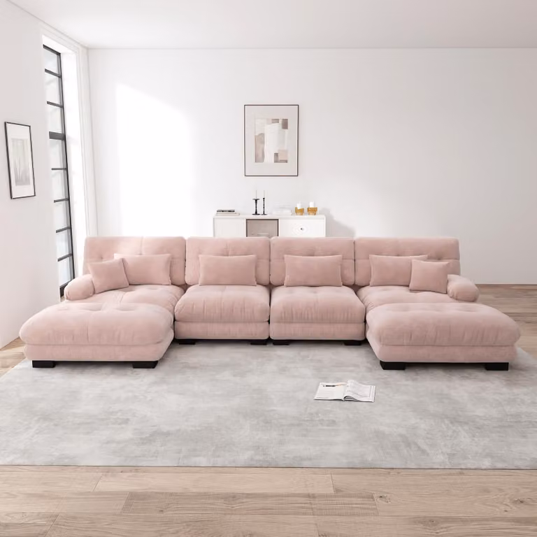 Divano angolare componibile Sweiko, set di divani a U per il soggiorno, comodo divano a nuvola a 4 posti con pouf mobile, combinazione fai da te, ciniglia, rosa