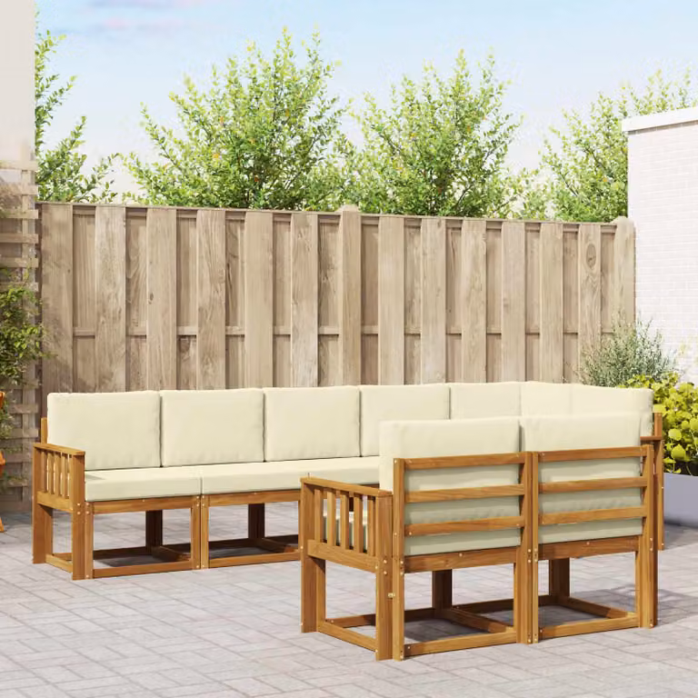 Set di divani da esterno vidaXL a forma di L composto da 8 pezzi in legno di acacia con cuscini, colori beige, bianco e marrone