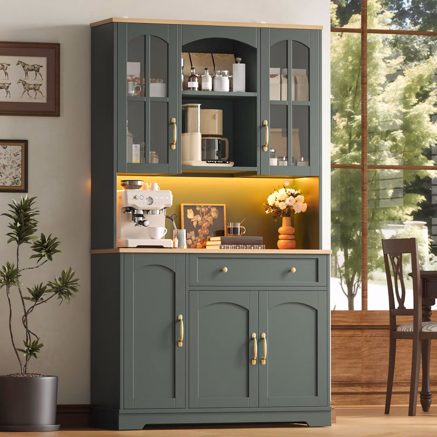 Armadio alto da cucina Abrihome con illuminazione a LED, 2 ante in vetro, 1 cassetto, mobiletto portaoggetti, vetrina, dimensioni 100 x 38 x 176 cm, colore verde