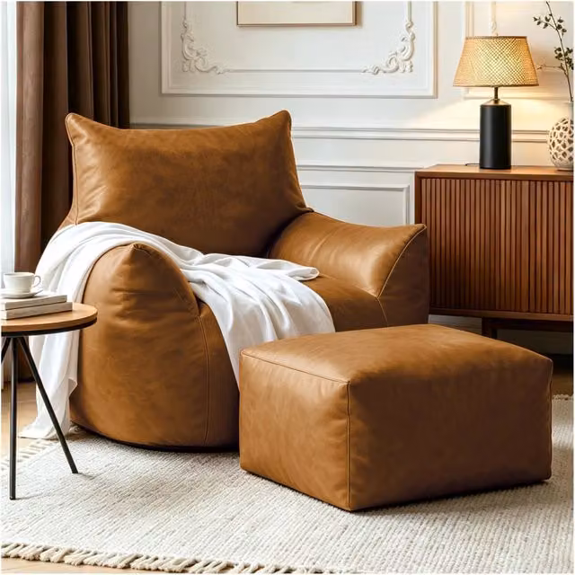 Poltrona pouf ergonomica OKWISH in tessuto tecnico e similpelle marrone con imbottitura in memory foam e base antiscivolo per il tuo relax