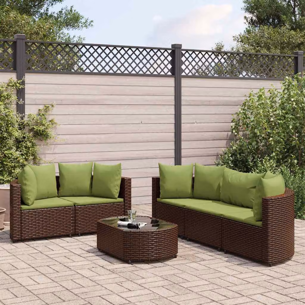 Set Divano da Giardino vidaXL 6 pz con Cuscini Marrone e Verde in Polyrattan e Metallo – 1