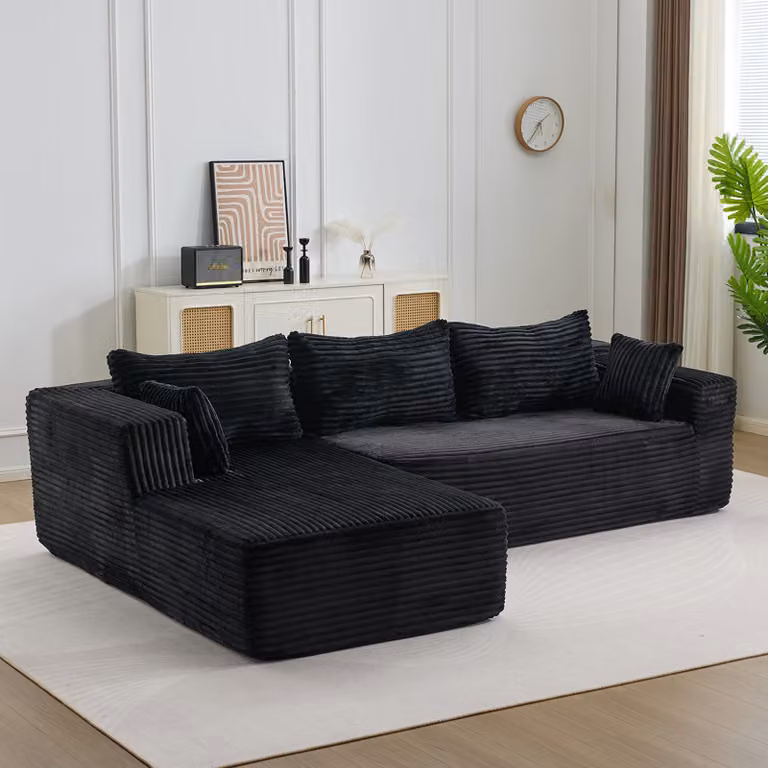 Divano ad angolo con comoda chaise longue, divano a forma di L senza gambe di supporto e con seduta profonda, ideale per soggiorno e camera da letto, in tessuto corduroy, colore nero