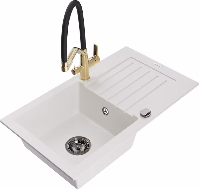 Mexen Pablo lavello in granito a 1 vasca con sgocciolatoio e miscelatore Duo, bianco - 6510-20-671701-57-B