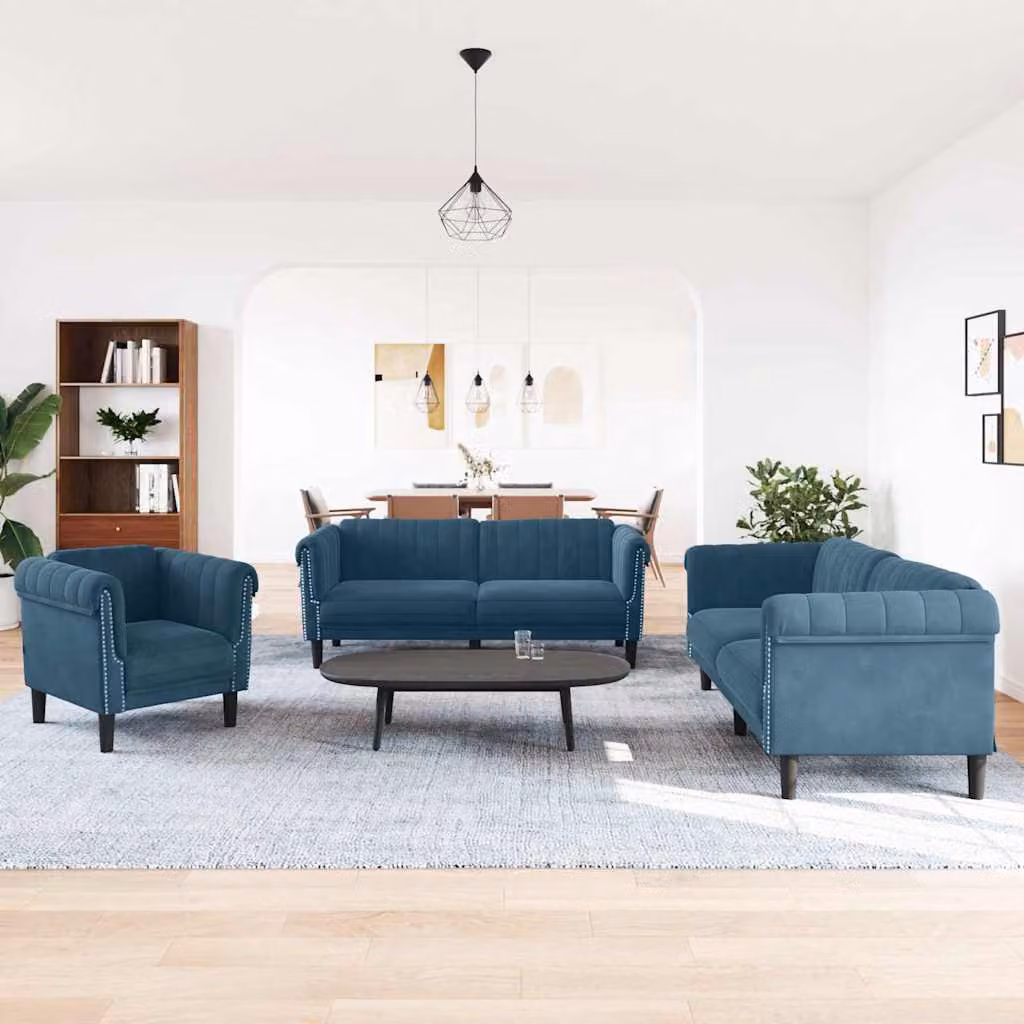Set di divani 3 pezzi vidaXL in velluto blu con struttura in legno massiccio e cuscini inclusi – 1