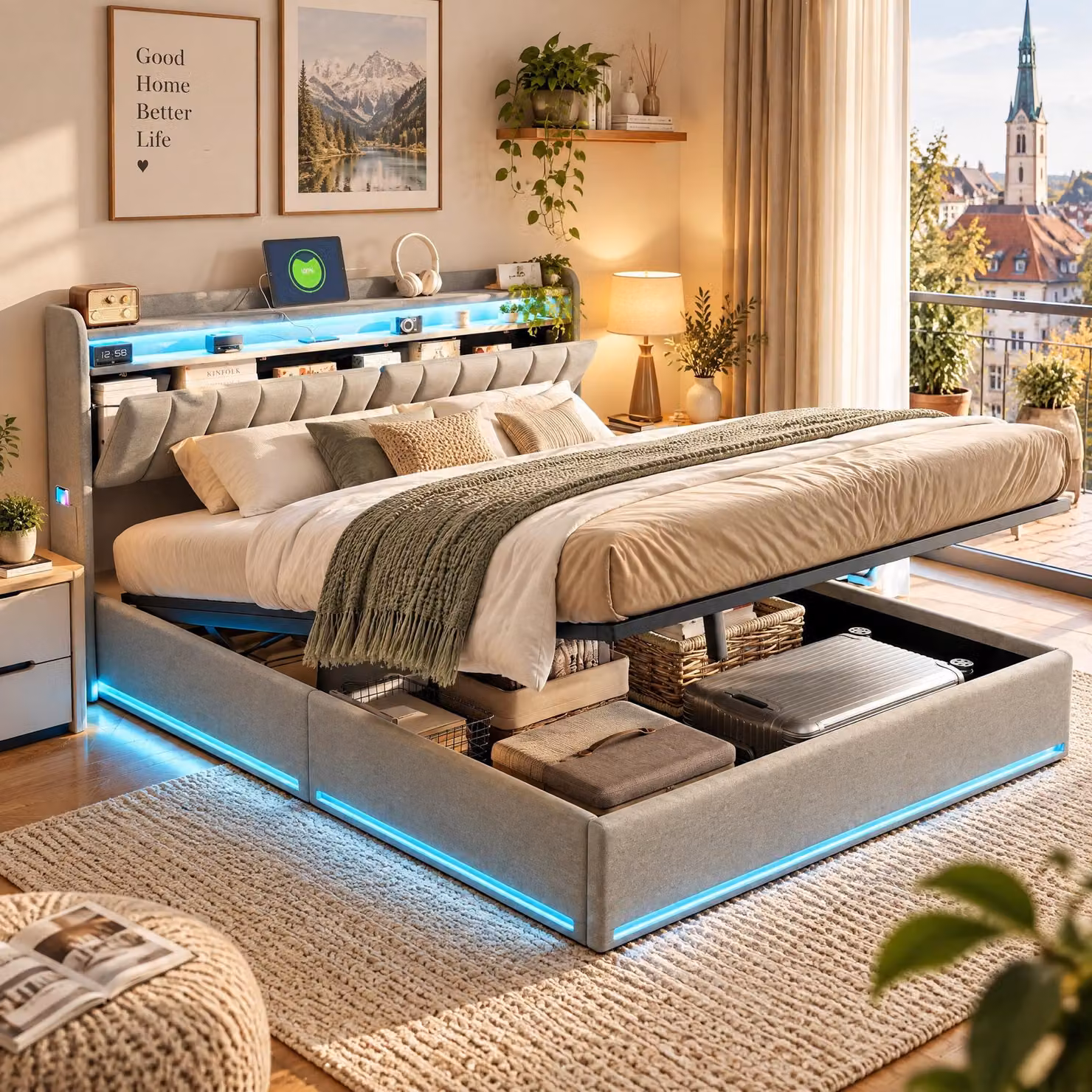 Letto imbottito 160x200 cm con contenitore, letto matrimoniale con illuminazione LED, poggiatesta con spazio contenitore e prese USB, letto a molle con rete a listelli, rivestito in velluto, colore grigio (senza materasso)