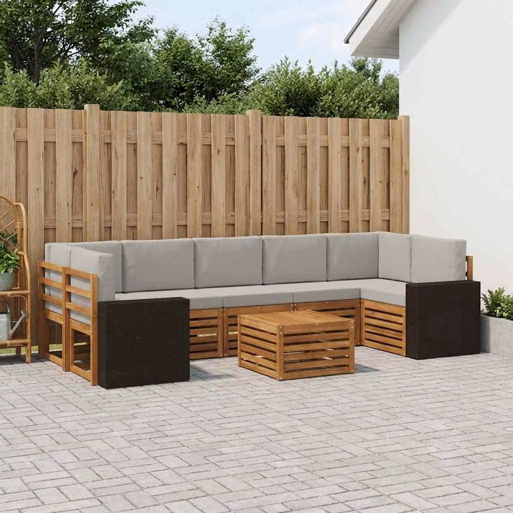 Set di divani da esterno vidaXL 8 pz in legno di acacia con cuscini, forma a L, beige e grigio