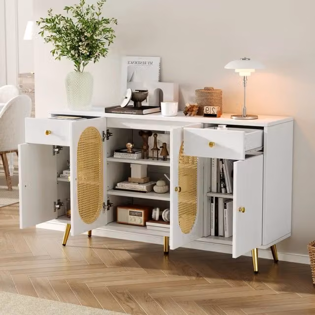 Credenza con 4 ante, 2 cassetti e ripiani regolabili, per soggiorno e cucina, in truciolare bianco naturale