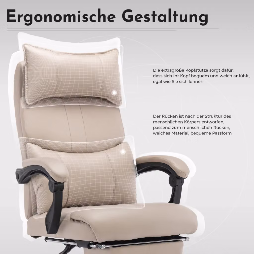 Sedia da ufficio ergonomica moderna in tessuto beige con poggiatesta, poggiapiedi e rotazione a 360° – 2