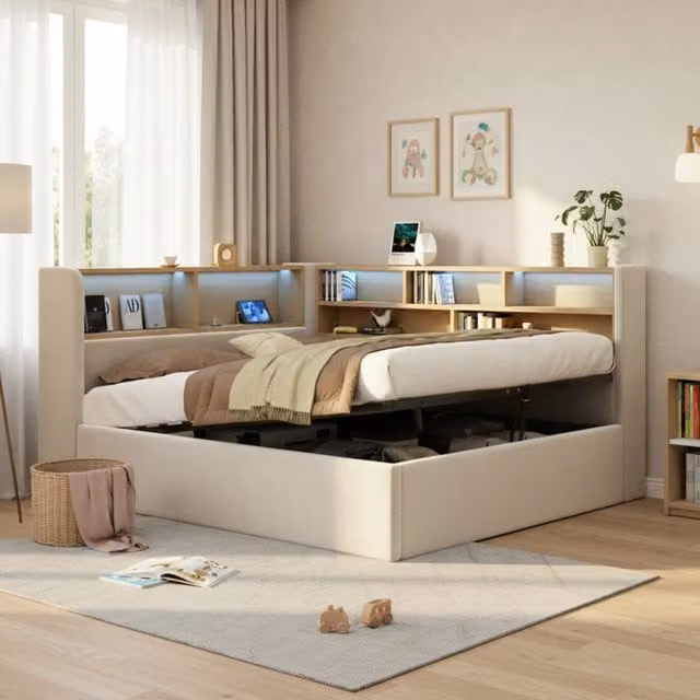 Letto divano 140×190 cm con vano idraulico, LED, mensole, porte USB e di tipo C, senza materasso, velluto beige