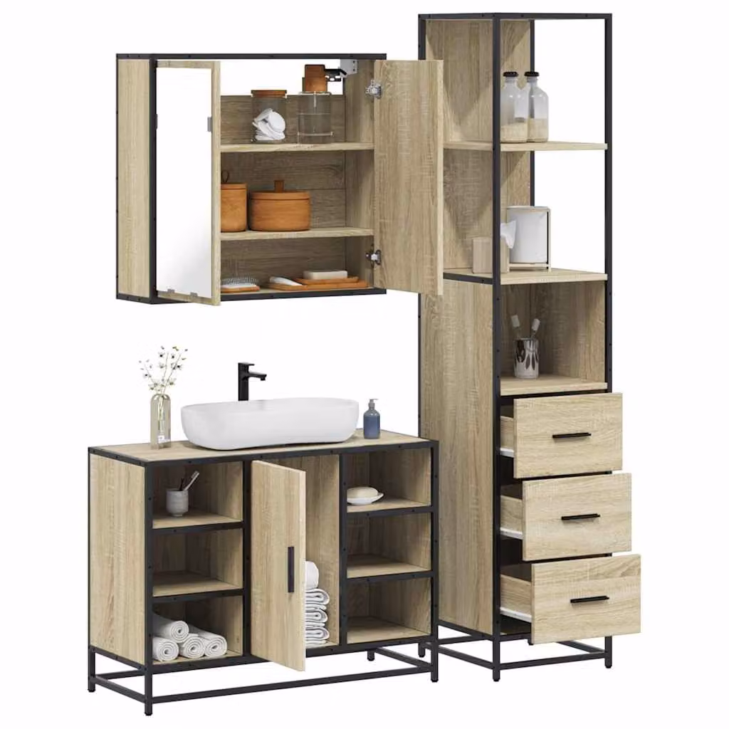 Set di mobili da bagno industrial vidaXL in legno e metallo marrone composto da armadietto con specchio, mobile lavabo e colonna alta con illuminazione LED