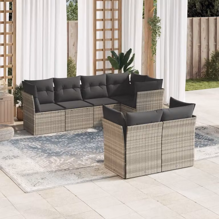 Set di divani da giardino vidaXL in 7 pezzi in polyrattan grigio con cuscini imbottiti e rivestimenti rimovibili