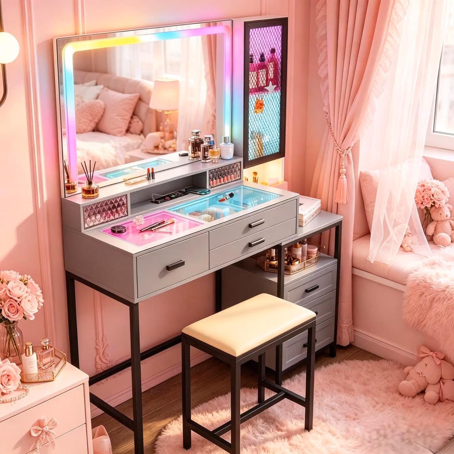 Comò da trucco con illuminazione RGB a LED e sgabello, piano in vetro, funzione di ricarica, 6 cassetti, colore nero e grigio