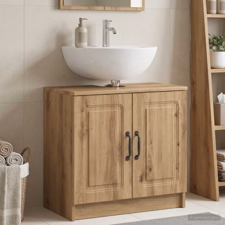 Armadio per lavabo da bagno moderno vidaXL UTRECHT in legno e metallo, colore marrone, L: 59,5 cm, P: 31,5 cm, H: 56,0 cm