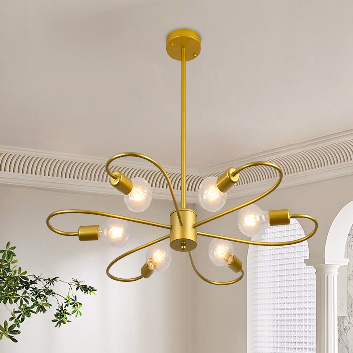 Lampada a sospensione Sputnik a 6 luci, con altezza regolabile, color oro, ideale per soggiorno e sala da pranzo