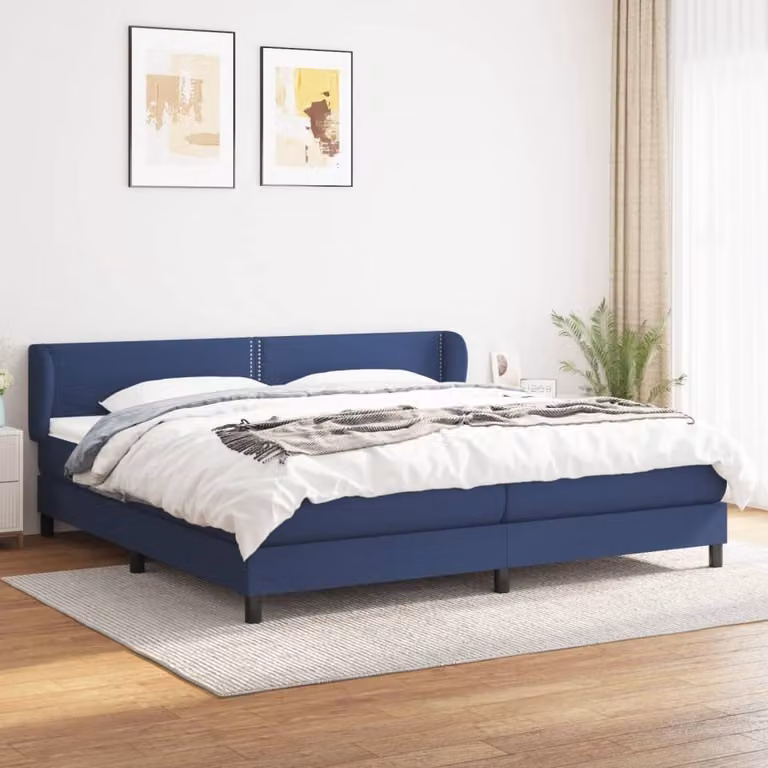 The Living Store Letto a molle con materasso blu 200x200 cm in tessuto