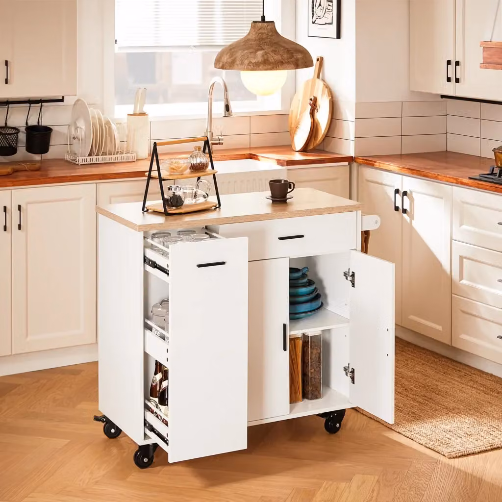 Isola cucina SOBUY con 2 ante e 2 cassetti, credenza buffet moderna bianca con ruote, L/P/H: 105 x 46 x 92 cm – 2