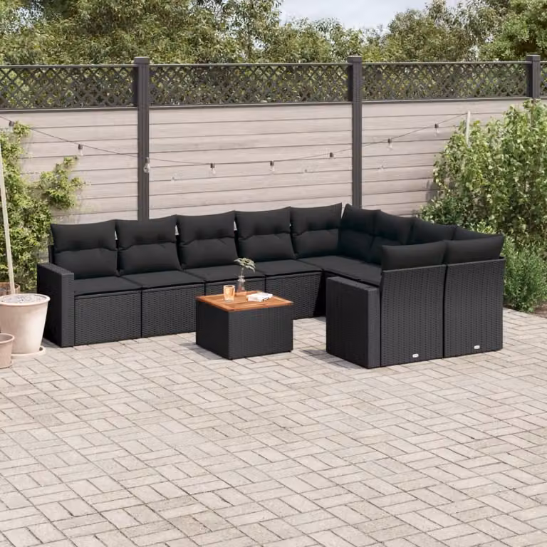 vidaXL Set Divani da Giardino 10 Pezzi in Polyrattan e Legno di Acacia con Cuscini Neri