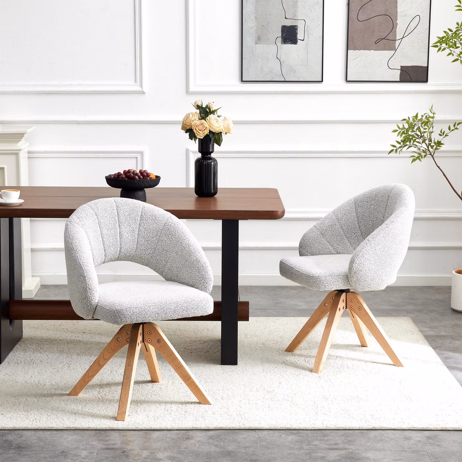 Set di due poltrone girevoli, stile retrò, rivestite in velluto strutturato, con gambe in legno massello, girevoli a 360°, con schienale curvo (grigio chiaro, legno)