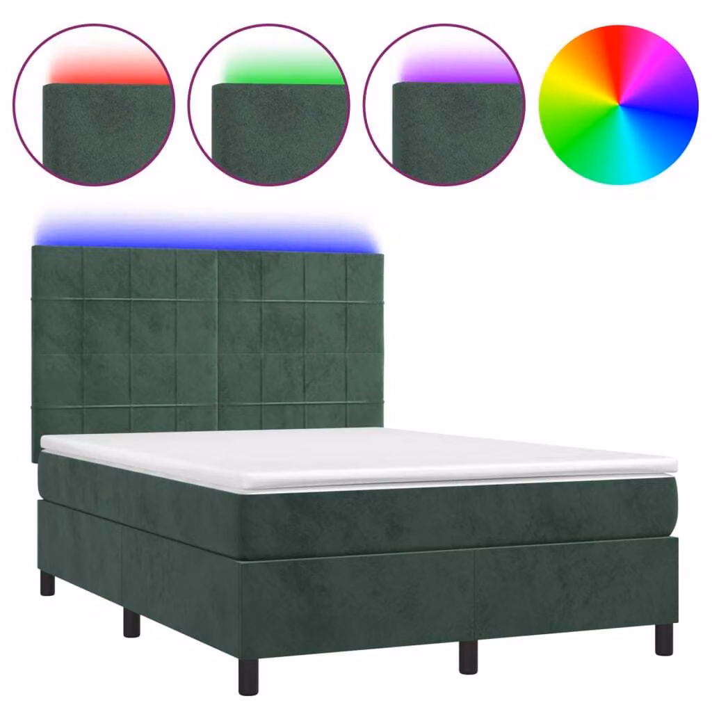Letto a Molle con Materasso e LED Verde Scuro 140x200cm Velluto
