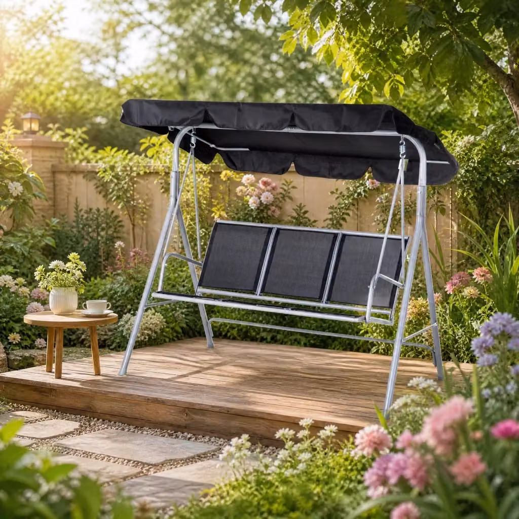 Altalena da giardino WISHDOR a 3 posti con tettuccio regolabile in metallo grigio L: 171 cm, P: 108 cm, H: 154 cm – 2
