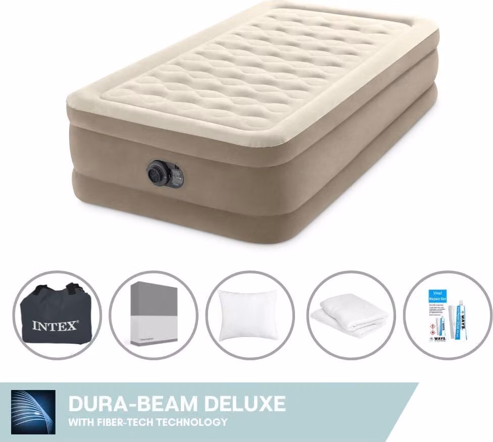 Letto ad aria Intex - 1 persona - 99 x 191 x 46 cm - Beige - Con pompa incorporata, lenzuola antracite, cuscino, federe Molton 2 in 1 e set di riparazione