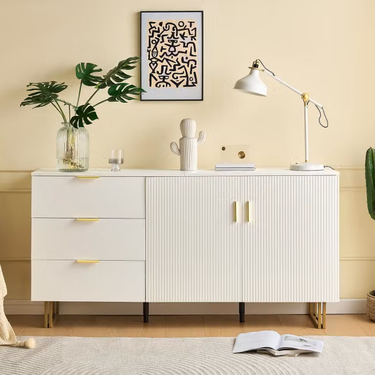 Credenza Merax a 2 ante e 3 cassetti, cassettiera con accenti dorati, maniglie in lega di zinco e gambe in acciaio, contenitore per soggiorno, bianco