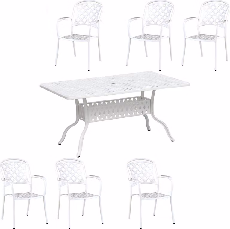 Inko Set da salotto 7 pezzi in alluminio pressofuso bianco Tavolo 120x80x74 cm con 6 poltrone