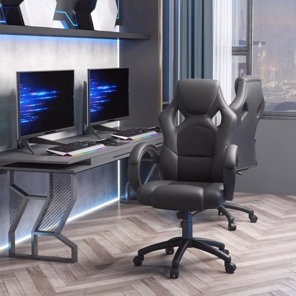 Sedia da Gaming GIORDANOSHOP in Similpelle Nera con Poggiatesta e Braccioli, L: 51 cm, P: 61 cm, H: 108-118 cm – 2