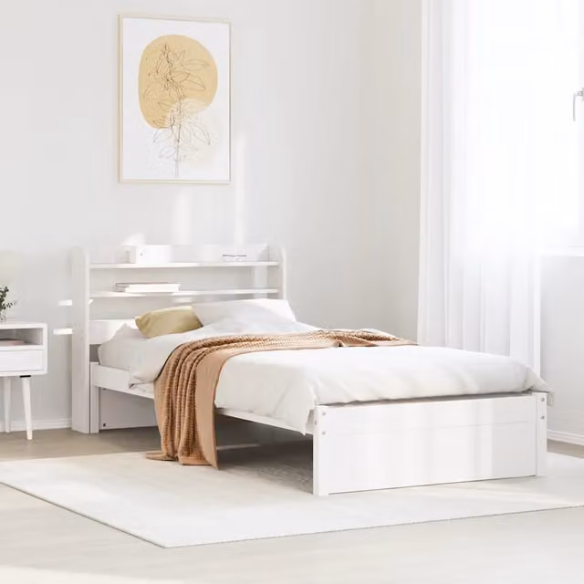 Letto con testiera e ripiani integrati vidaXL in legno massello di pino bianco laccato stile rustico