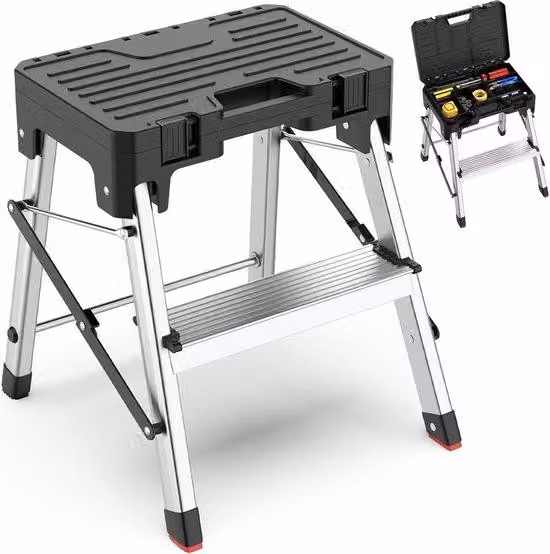 Scala pieghevole in alluminio Famanu 2-in-1 con vano portaoggetti - 2 gradini