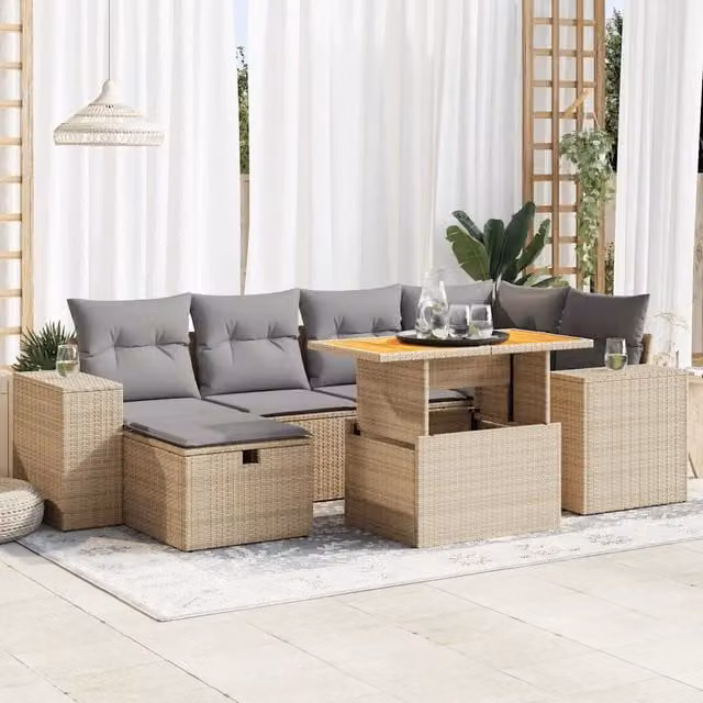Set Divano da Giardino 8 pz vidaXL in Polyrattan e Legno di Acacia con Cuscini Beige e Grigio