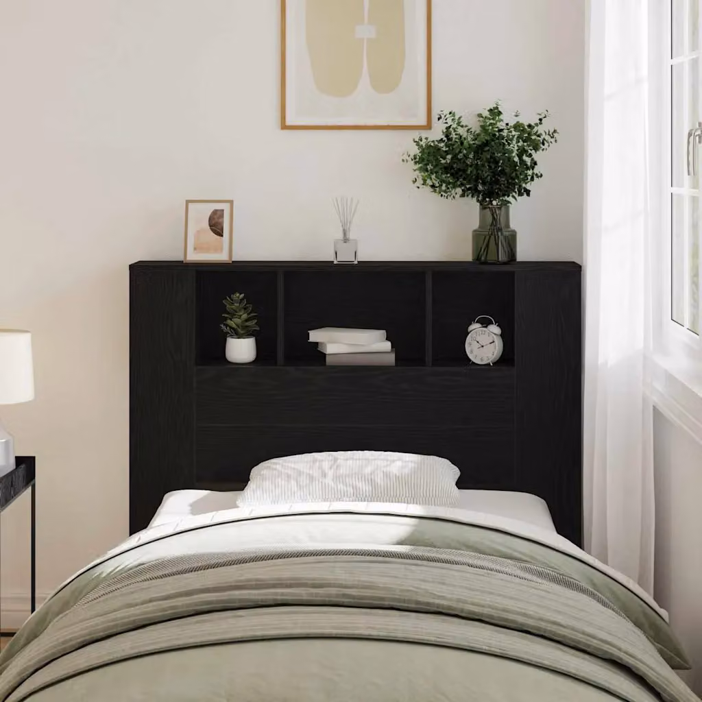 Testata del letto moderna vidaXL in legno ingegnerizzato color rovere nero con ripiani integrati L 120 x H 102,5 x P 19,4 cm
